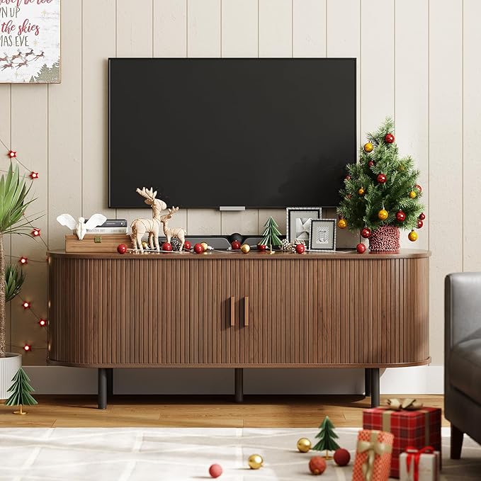 ONBRILL 55 TV Stand with Power Outlet for TVs up to 60 Inch Entertainment Center with Storage and Adjustable Shelves Modern Media Console with Sliding Doors for Living Room Walnut