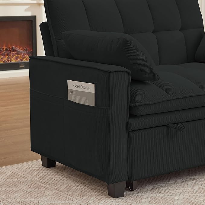 Folding Sofa Bed 3 in 1 Love Seat Couches Convertible Sleeper Chair with Storage Adjustable Backrest Pull Out Living Room Sofas Couch for Small Space Bedroom and Reading (Black)