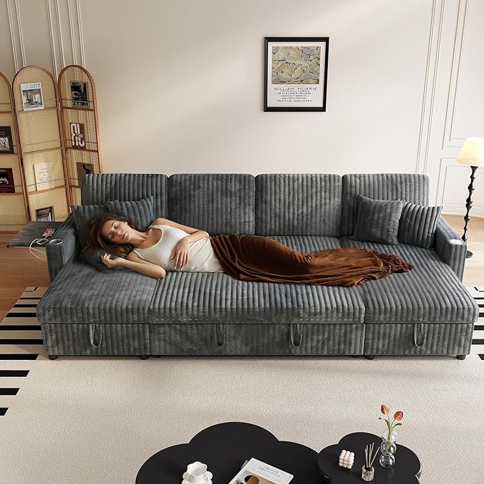 110 Sleeper Sectional Sofa Comfy U Shaped Couch with Pull Out Bed Convertible Corduroy Cloud Sofa with Double Storage Chaise USB Small Desktop Modular Couch for Living Room Dark Grey