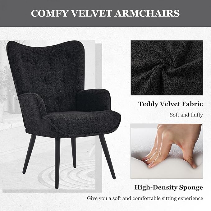 Furnimart Mid-Century Modern Accent Chairs Set of 2 Black Sherpa Wingback Reading Chairs with High Backrest Armchair for Living Room Bedroom Waiting Room