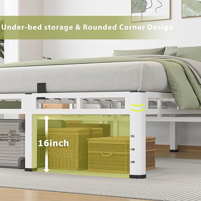 NKZ 20 Inch Full Size Bed Frame Metal Bed Frame &amp Box Spring 2 in 1 Platform with Round Corner Legs 4000lbs Weight Capacity Reinforced Metal Frame Headboard Hole Noise-Free Easy Assembly.