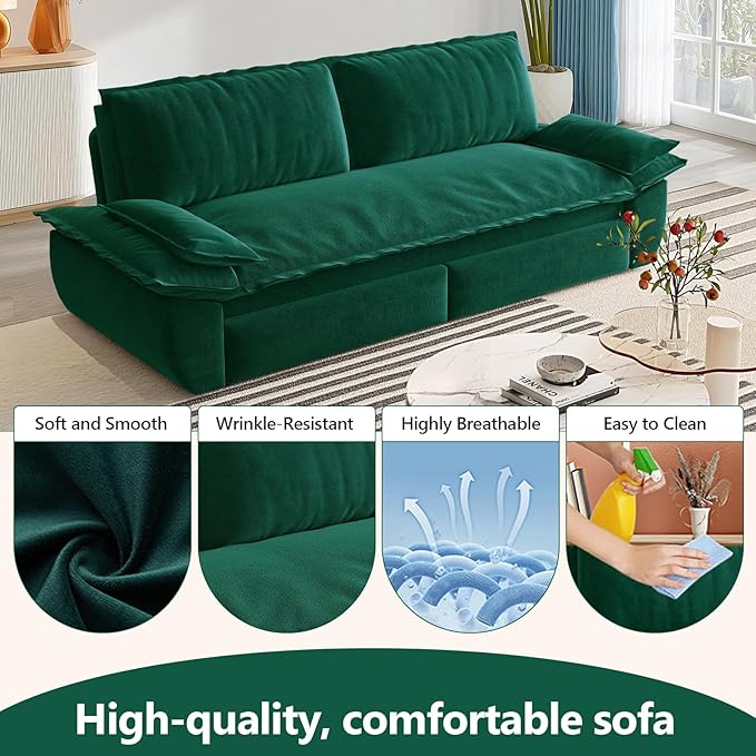 73.2 Queen Size Sofa Bed 3 in 1 Convertible Pull Out Sleeper Sofa with Thicked Cushions and Side Storage Velvet Loveseat Couch for Home Living Room Bedroom Apartment Lounge Small Spaces Green