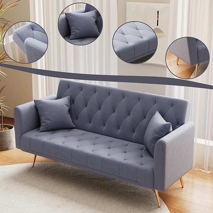 72Modern Velvet Sofa Bed FutonConvertible Folding Sleeper Bed Couches with 3 Adjustable BackrestsTufted Recliner Loveseat with Golden Chrome Legs for Small Living Room Office (Dark Grey+pillows)