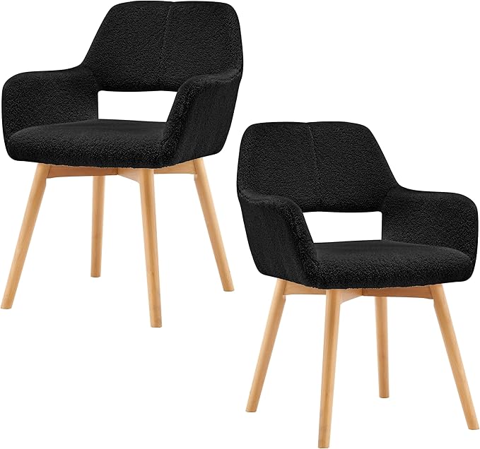 Mid Century Modern Dining Chairs Set of 2 &amp 4 &amp 6 Comfy Accent Chair Upholstered Kitchen Dining Living Room Chairs for Bedrooms Waiting Room Home Arm Desk Chair No Wheels (Wool Black 2)