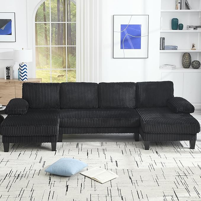 114.2 Beige Sectional Couches for Living Room U Shaped Couch with Double Chaise Modern Comfortable Plush Corduroy 4-Seat Cloud Sofa Set with Chenille Fabric for Home Furniture (Black)