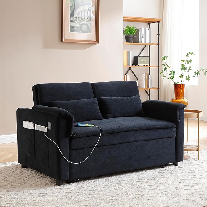 Livavege 55 Convertible Sofa Bed Velvet Pull Out Sleeper Sofa Couch Bed 3-in-1 Futon Loveseat with Adjustable Backrest USB Ports &amp 2 Side Pockets for Small Living Room Apartment Bedroom Bla