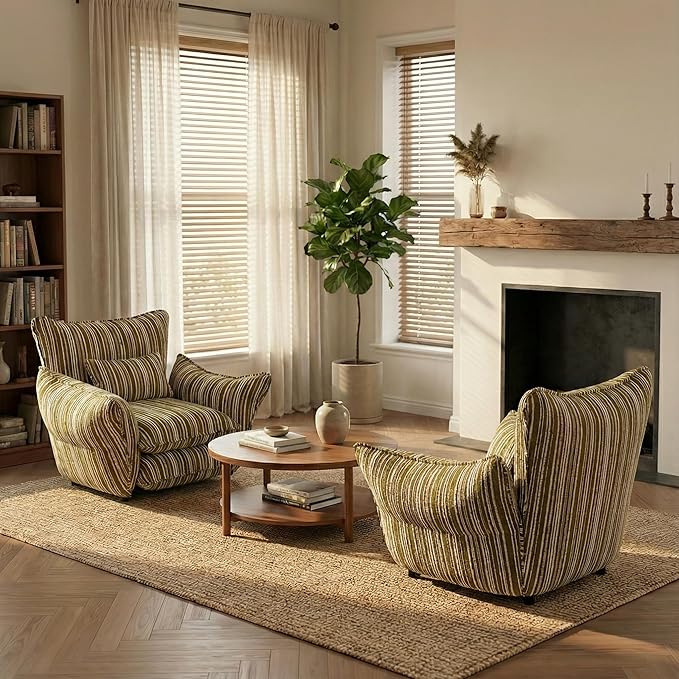 Oversized Chenille Accent Chair with Lumbar Pillow Yellow Stripe Wide Armrests Deep Seat 7 Inch High-Density Foam 350 lbs Capacity