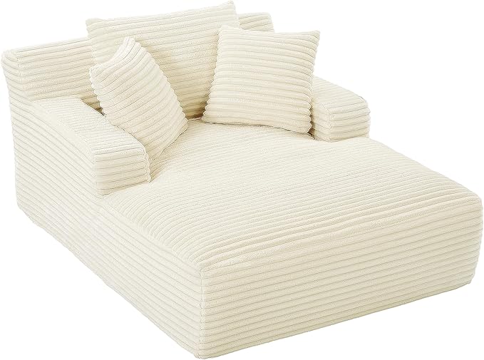 Oversized Chaise Lounge Chair Indoor Bedroom Comfy Corduroy Upholstered Sofa Bed Deep Seat Single Couch No Assembly Required Sleeper Chair Sofa for Living Room (White)