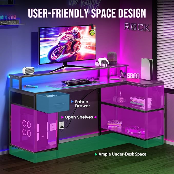 DUMOS 53” Gaming Desk with USB Charging Ports &amp LED Lights Reversible L Shaped Desks Computer Corner Gamer Table with Power Outlets Monitor Stand Storage Shelves for Home Office Small Space Blac