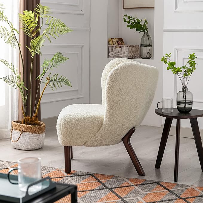Modern Accent Chair Lambskin Wingback Tufted Side Chair with Solid Wood Legs for Living Room BedroomCream