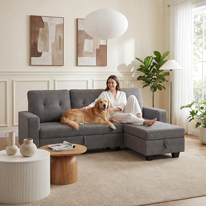 JUMMICO Sofa Bed Sleeper Pull Out Couch with Reversible Storage Chaise Convertible L Shaped Sectional Couches for Living Room Apartment (Linen Fabric Dark Grey)