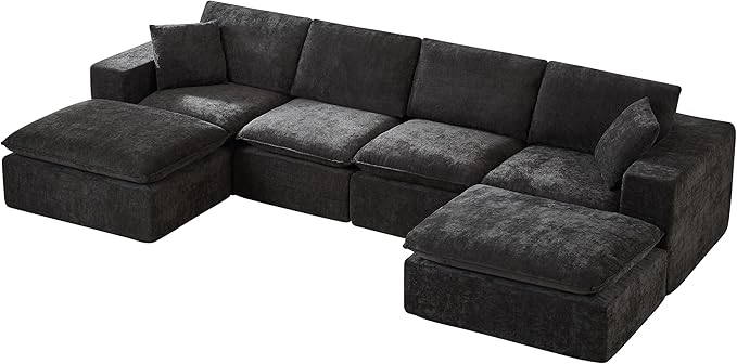 Luxury Modular Sectional Sofa with 2 Ottomans 6-Piece Oversized Cloud Couch Black Chenille Fabric Boneless Sofa for Living Room &amp Bedroom | Boneless Couch Chenille Fabric Sectional Sofa