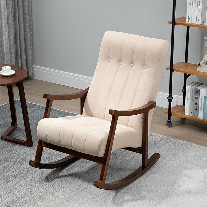AVAWING Upholstered Rocking Chair with Fabric Padded Seat Comfortable Rocker Solid Wood for Living Room Modern High Back Armchair for Adult Beige