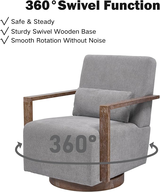 Chifee &amp Vingol 29.72 Swivel Accent Arm Chair Mid Century Modern Living Room Chair with Solid Wood Base &amp ArmrestGrey