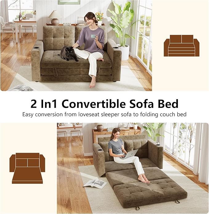 WorthFurni Convertible Sofa Bed Folding Sofa Bed 2 in1 Pull Out Loveseat Sleeper Sofa Floor Sofa Bed for Small Spaces Folding Couch Bed with Pillows for Living Room Bedroom - Brown