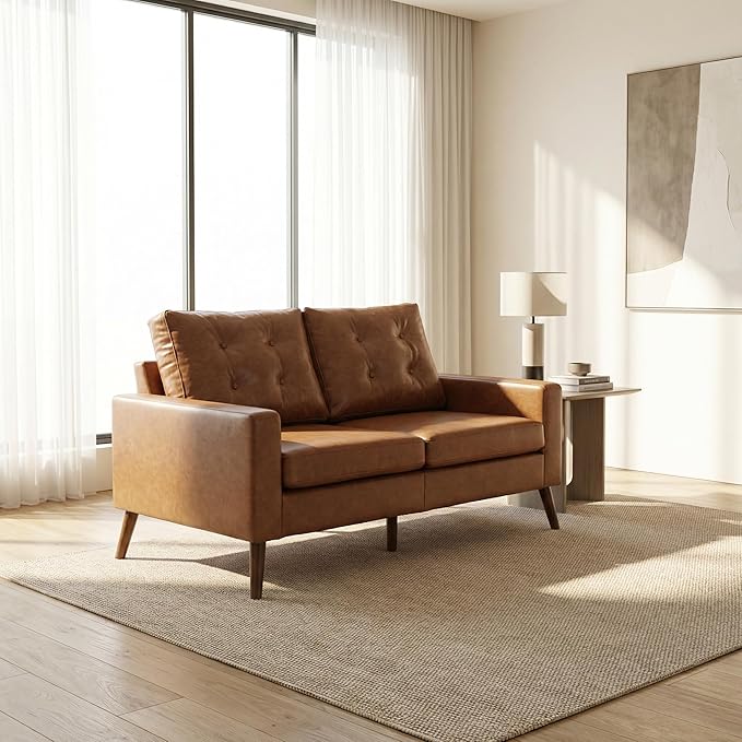 HNY Mid Century Modern 53” Loveseat Sofa Comfy Upholstered Button Tufted Faux Leather 2 Seater Small Sofa Couch Lounge Sleeper Love Seats for Small Spaces Living Room Apartment Bedroom Brown