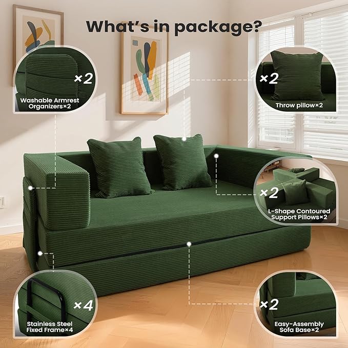 5‑in‑1 Futon Sofa Bed Queen– Floor Foldable Convertible Sofa Couch with L‑Shaped Armrests Removable Cover Green Convertible Guest Bed | Space‑Saving Fold‑Out Mattress Lounge for Living Room/Bedroom