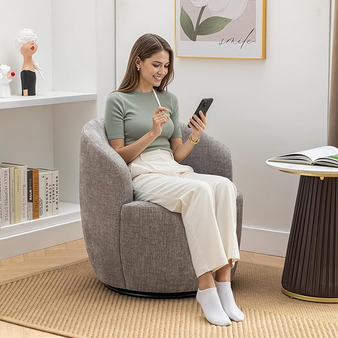 360 Degree Swivel Accent Chair Modern Barrel Vanity Chair with Back Comfy Single Circle Couch for Living Room Bedroom Reading Nook (Chenille Gray)