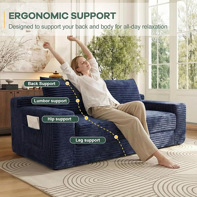 73 Convertible Sofa Bed 2 in 1 Folding Couch Bed Boneless Couch in a Box Cloud Loveseat Sleeper Fold Out Comfy Floor Futon Sofa with 2 Pillows for Living Room Bedroom No Assembly (Blue 73)