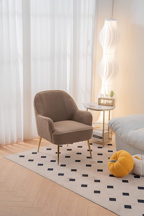 Modern Soft Teddy Fabric Brown Ergonomics Accent Chair Living Room Chair Bedroom Chair Home Chair with Gold Legs and Adjustable Legs for Indoor Home