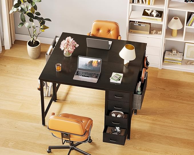 Casaottima 32-Inch Small Computer Desk with 4 Fabric Drawers — Home Office Desks with Storage Writing Desk with Side Hook and Cloth Bag Modern Study/Work Table for Bedroom and Small Space Black