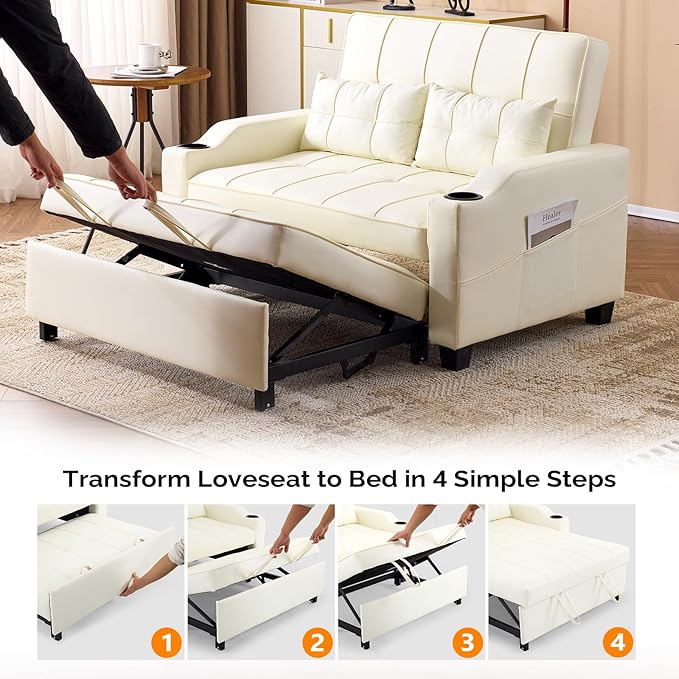 VINGLI Beige Futon Sofa Bed Convertible Loveseat Sleeper Couch Faux Leather Pullout Sofa Fold Out Couch Bed with USB Ports Cup Holders Armrest for Living Room Bedroom Apartment Room