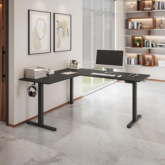Techni Mobili 63” W L-Shaped Electric Standing Desk with 3 Memory Height Presets and 2 Accessory Hooks Height Adjustable Sit to Stand Corner Desk for Home Office with Spacious Work Surface Black