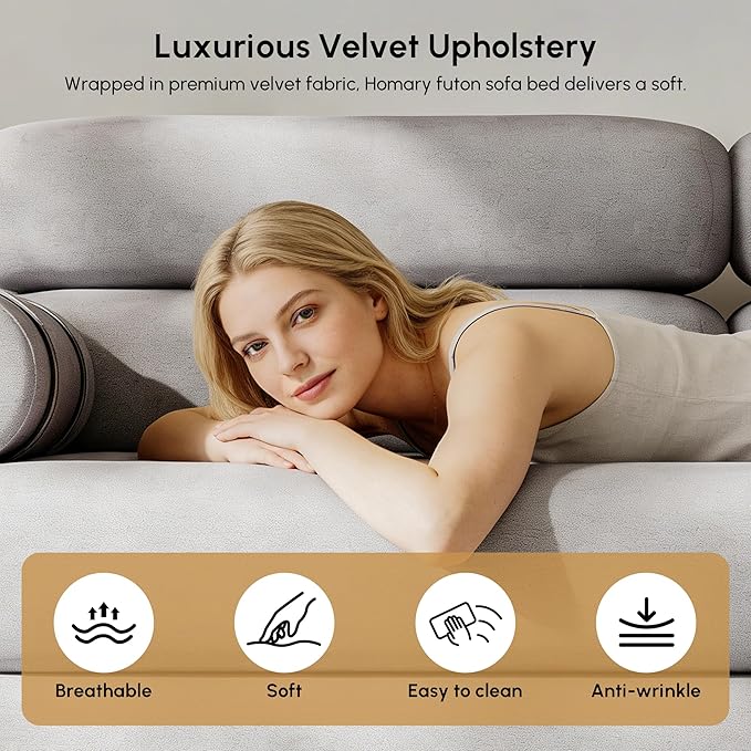 homary Velvet Futon Sofa Bed 81 3-Seater Convertible Couch with Detachable Pillows Stainless Steel Legs Modern Sleeper Sofa for Living Room &amp Apartment (Light Gray)