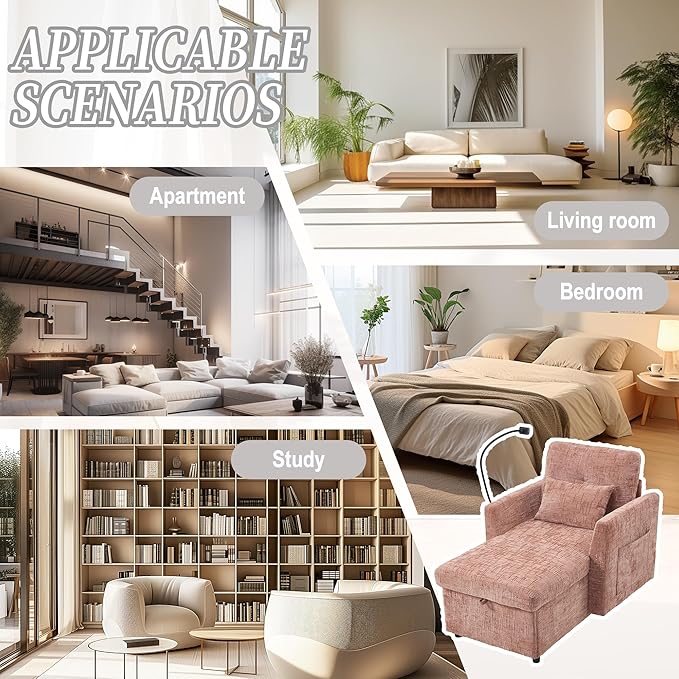 32 Comfy Chaise Lounge Sofa Bed Chair with Storage Side Pockets Phone Holder &amp 2 Pillows Modern Chenille Upholstered Sleeper Sofa Leisure Chair for Living Room Bedroom Small Spaces (Pink)
