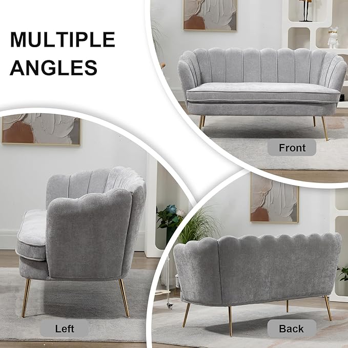 59 Wide Loveseat Sofa Chenille Upholstered Small Couch with Petal-Shaped Design Modern Leisure Sofa with Gold Metal Legs Mini Room Couch for Bedroom Apartment (Light Gray-Chenille)