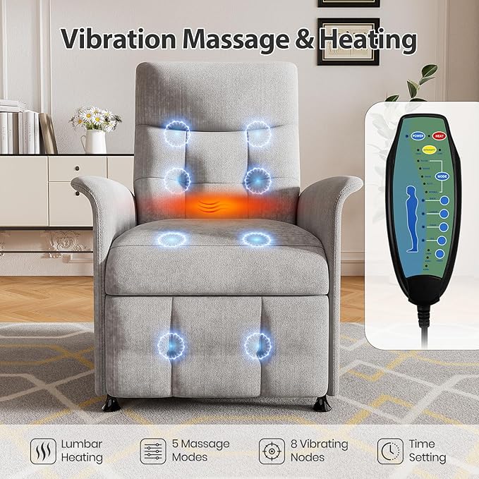 Electric Power Recliner Chair with Heat &amp Vibration Massage Overstuffed Fabric Sofa with Remote Control for Living Room Bedroom Easy Assembly Light Grey