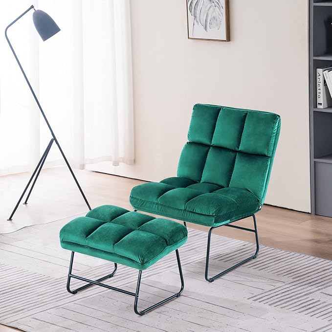 MCombo Velvet Accent Chair with Ottoman Set Modern Armless Chair for Living Room Bedroom Small Space 0014 (Velvet Dark Green)