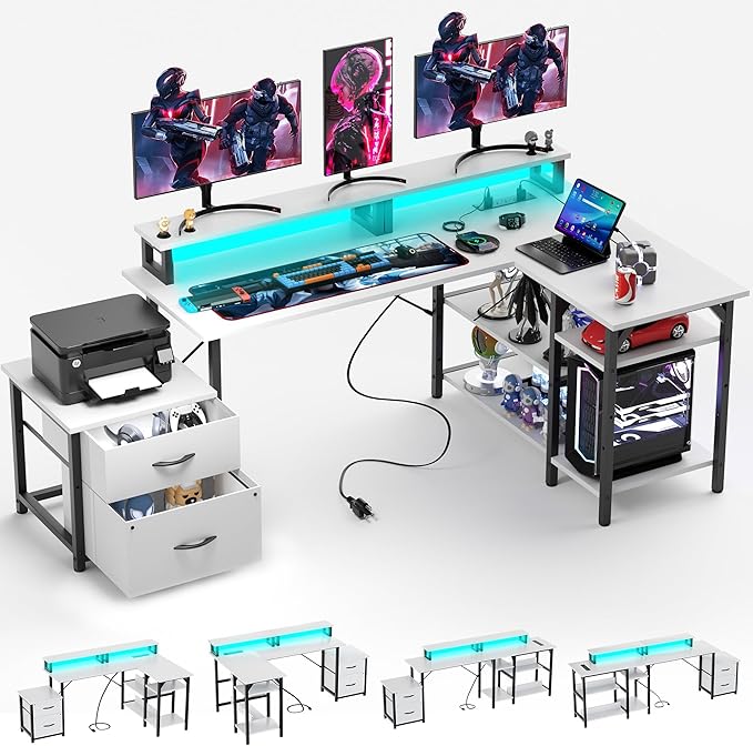 YOUNGAR Office Desk L Shape with File Drawers&ampPower Outlet 69.3 Inch Reversible L Shaped Computer DesksCorner L Shape or Long Desk Set up Monitor Stand &ampStorage ShelvesLED Lights&ampCPU S