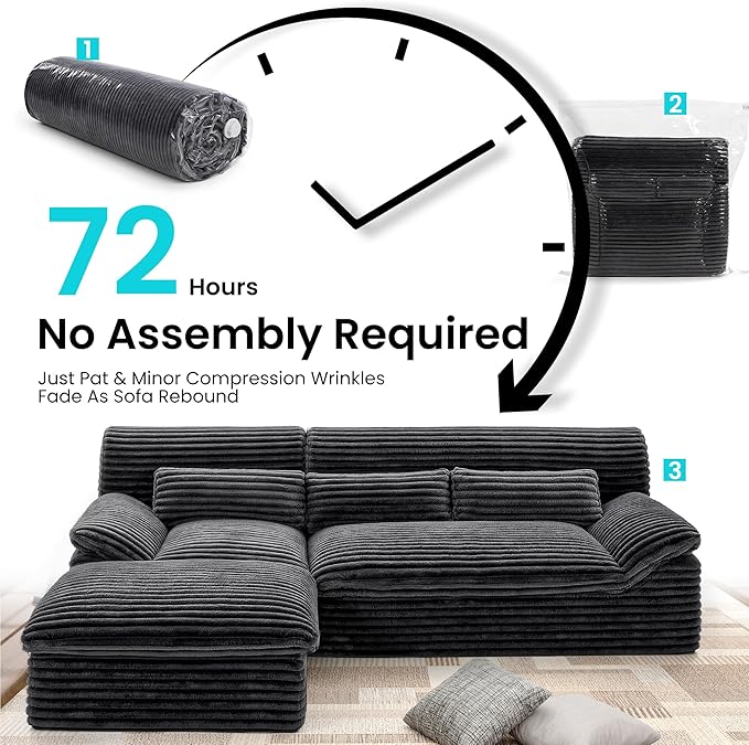 Pamapic 3-Seat L-Shaped Modular Sectional SofaBoneless Cloud Couch with Double-Layer Deep Seat Comfy Corduroy Fabric 72h ReboundGrey