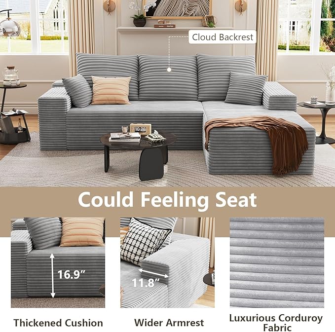 107 Cloud Sectional Couch with L-Shape Chaise Modern Modular Sofa with Deep Seat Corduroy Upholstered Couches for Living Room BedroomNo Assembly Required(Grey Right Facing)