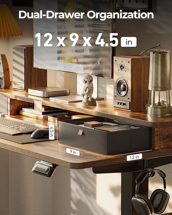 FEZIBO 40 x 24 Inch Height Adjustable Electric Standing Desk with Double Drawer Stand up Home Office Computer Desk with 4 Height-Adjustable Feets &amp 2 Hooks Rustic Brown