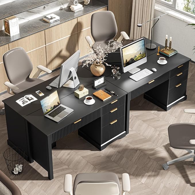 Vabches Fluted Executive Desk with Drawers Wood Computer Desk with Ample File Drawer Home Office Desk with Storage for Study Bedroom Living Room Black