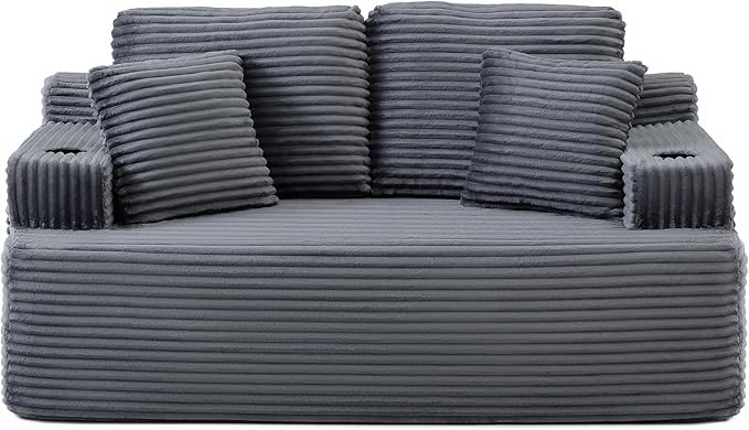 Floor Loveseat Boneless Sofa Couch in a Box with Cup Holder and Side Pockets Corduroy Upholstered 2 Seater Cloud Foam Sofa with Deep Seating for Living Room No Assembly | Breathable material Cuphol
