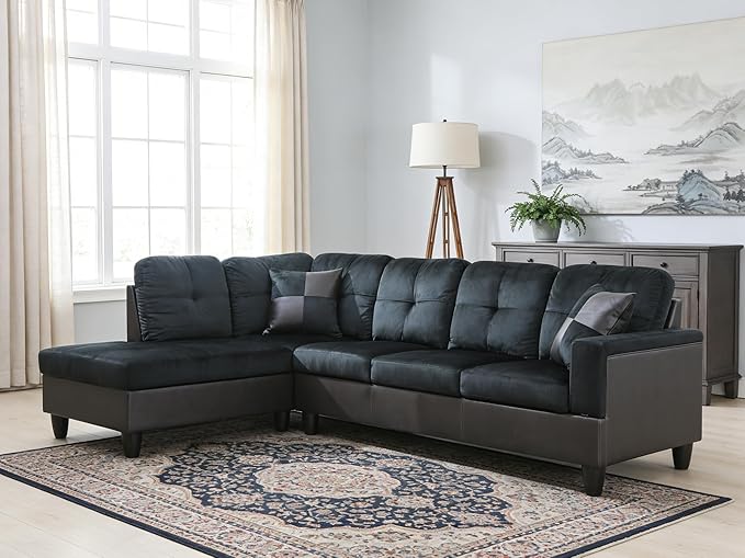 103.5 Inch Modern L-Shaped Couch Flannel Sectional Sofa with Chaise Lounge 4-Seater Couch with Accent Pillows for Living Room Apartment Dark Blue &amp Brown