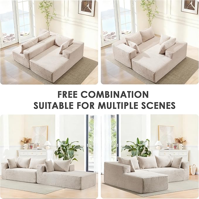 107 Cloud Couch Modular Sectional L Shaped Couch with Chaise Deep Seat Sofa Fluffy Corduroy Couches Boneless Couch for Living Room White Left Facing Chaise