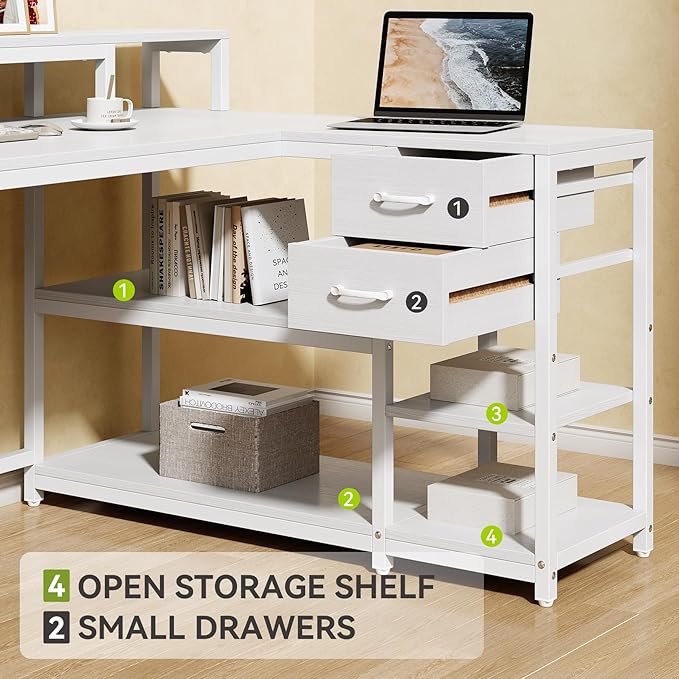 LITTLE TREE 55-Inch L-Shaped Computer Desk Reversible Computer Desk with Drawers and Storage Shelves Corner Desk Gaming Desk Work Desk for Home Office White