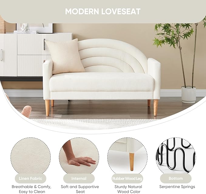 49 Small Loveseat Sofa for Small Spaces Mid Century Modern Sofa Linen Upholstered Furniture with Wood Frame Mini Couch for Living Room/Bedroom Office Couch Easy Assembley Cream White