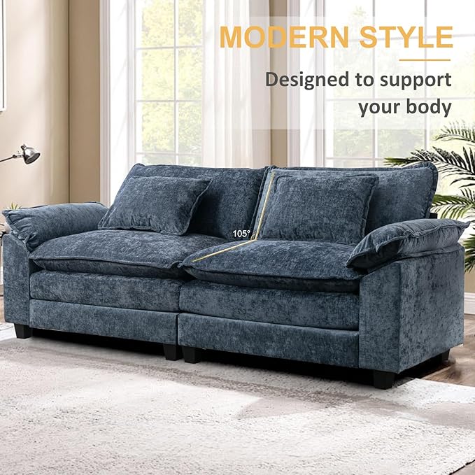 Modular Sectional Sofa 86 L Shaped Couch Set with Movable Ottoman Chenille Comfy Cloud Couch Sectional Set Extra Deep Seat Sofa with 2 Pillows for Living Room (Blue 2-Seat &amp 1-Ottoman)