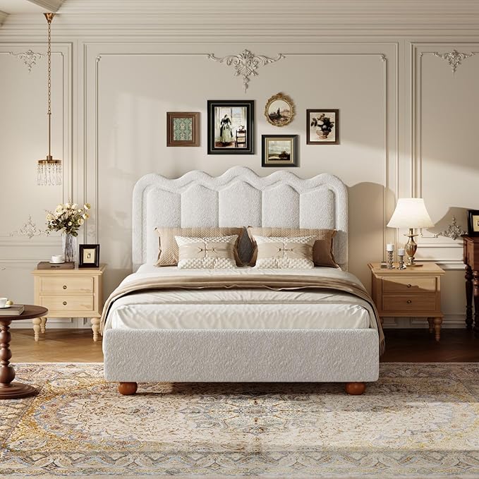 Queen Size Bed Frame with Headboard Boucle Bed Frame Soft Upholstered Platform Cloud Bedframe with Footboard Solid Wood Legs Solid Wooden Slats Support No Box Spring Required Easy Assembly