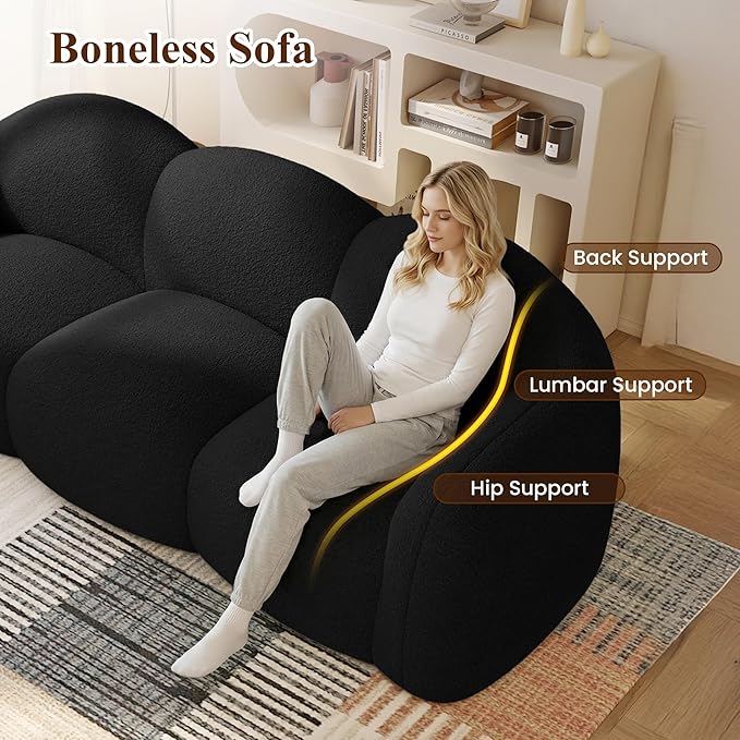 WJShome 90 Modern Curved Cloud Shaped Couches for Living Room Bean Bag Chair Lazy Floor Couch Cozy Leisure Boneless 3 Seater Sofa for Bedroom Apartment-No Assembly Required (Black)