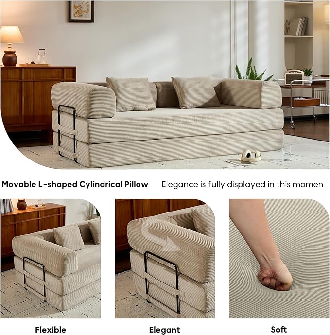 Convertible Sleeper Sofa Bed with Cylindrical Pillow Corduroy Folding Boneless Couch with Fixed-Shape Frame Comfy Floor Sofa Couch for Living Room No Assembly Required Beige White
