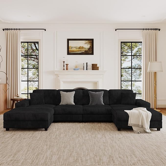 137” Oversized Corduroy Sectional Sleeper Sofa with Double Storage Chaise U Shaped 4 Seat Sectional CouchBlack