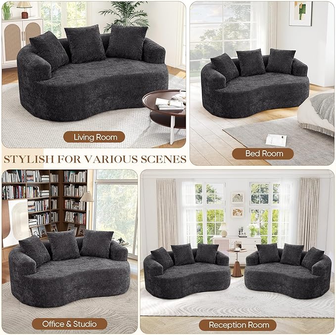 60 Curved Sectional Sofa for Small Spaces - Plush Chenille Modern Cloud Loveseat with Pocket Springs &amp Memory Foam Boneless Floor Couch for Living Room 27.6 Extra Deep Seat No Assembly (Black