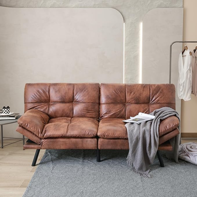 MUUEGM 71 Futon Couch Filled with Memory Foam Convertible Futon Sofa Bed with Adjustable Backrest Armrest Folding for Living Room Small Space Loveseat for Sleeper(Leather Brown)