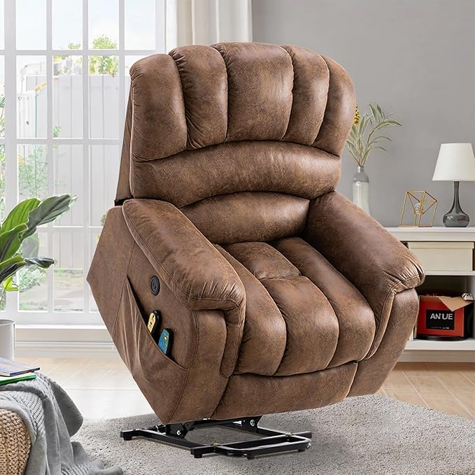 VIVIJASON Large Power Lift Chair Electric Recliner with Heat &amp Massage for Elderly Big People Heavy Duty and Safety Motion Wide Recliners with 2 Remote Controls Side Pockets &amp USB Ports Bro